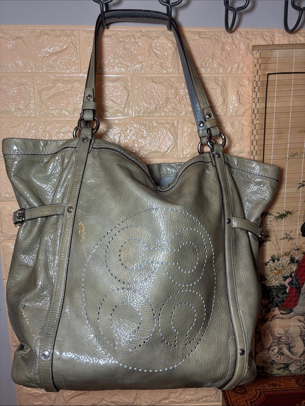 Coach Audrey Leather Tote Bag Olive Champagne Color Glossy Pebble Cinch Side GUC